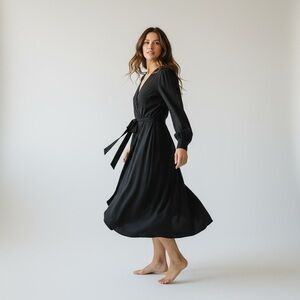 Nordstrom Fraiche by J long sleeve midi dress - black wrap, tie belt, v-neck XS